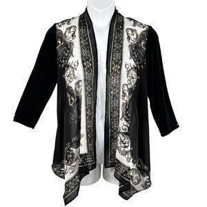 Chicos Travelers 1 M  Black White Chiffon Cascading Elegant Open Cardigan Jacket